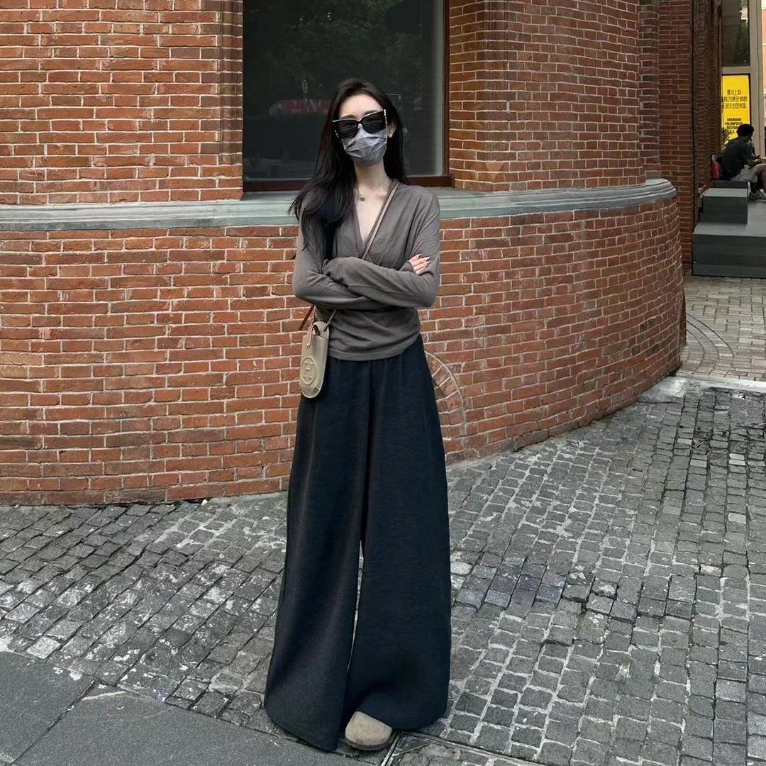 2024新款早秋冬季休闲简约上衣搭配休闲阔腿裤子显瘦百搭又酷又飒