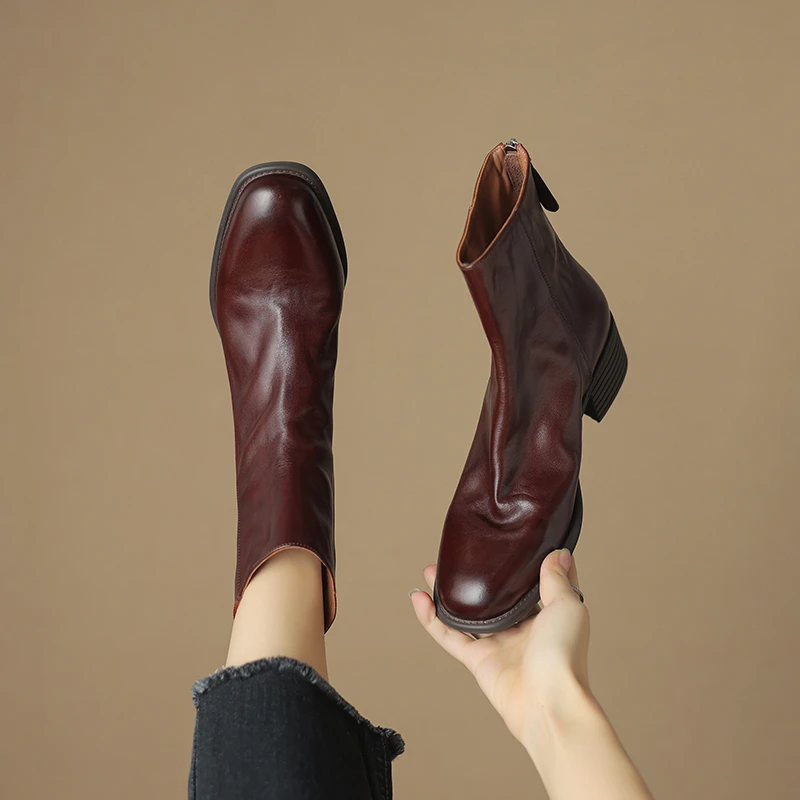 半坊手工女鞋/34-40/4.0cm/棕色复古圆头真皮后拉链粗跟中跟短靴