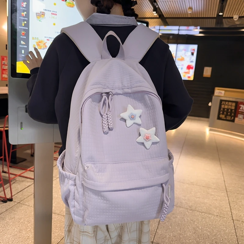 书包女高中初中生中学生大容量双肩包纯色新款大学生简约格纹背包