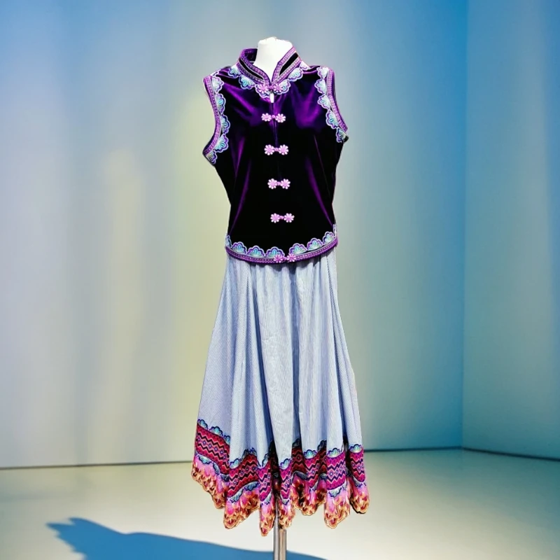 傈僳族新款女装复古公主长裙紫色舞台民族风裙子套装上衣传统国风