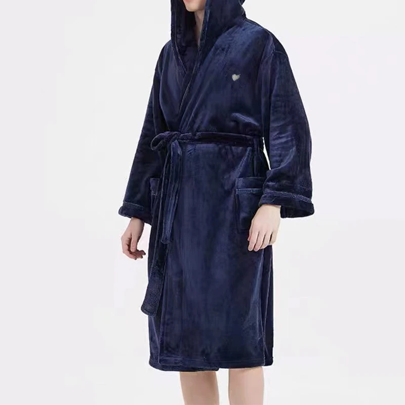 男士休闲加绒加厚中长款冬款保暖睡衣秋冬时尚连帽睡袍家居服休闲