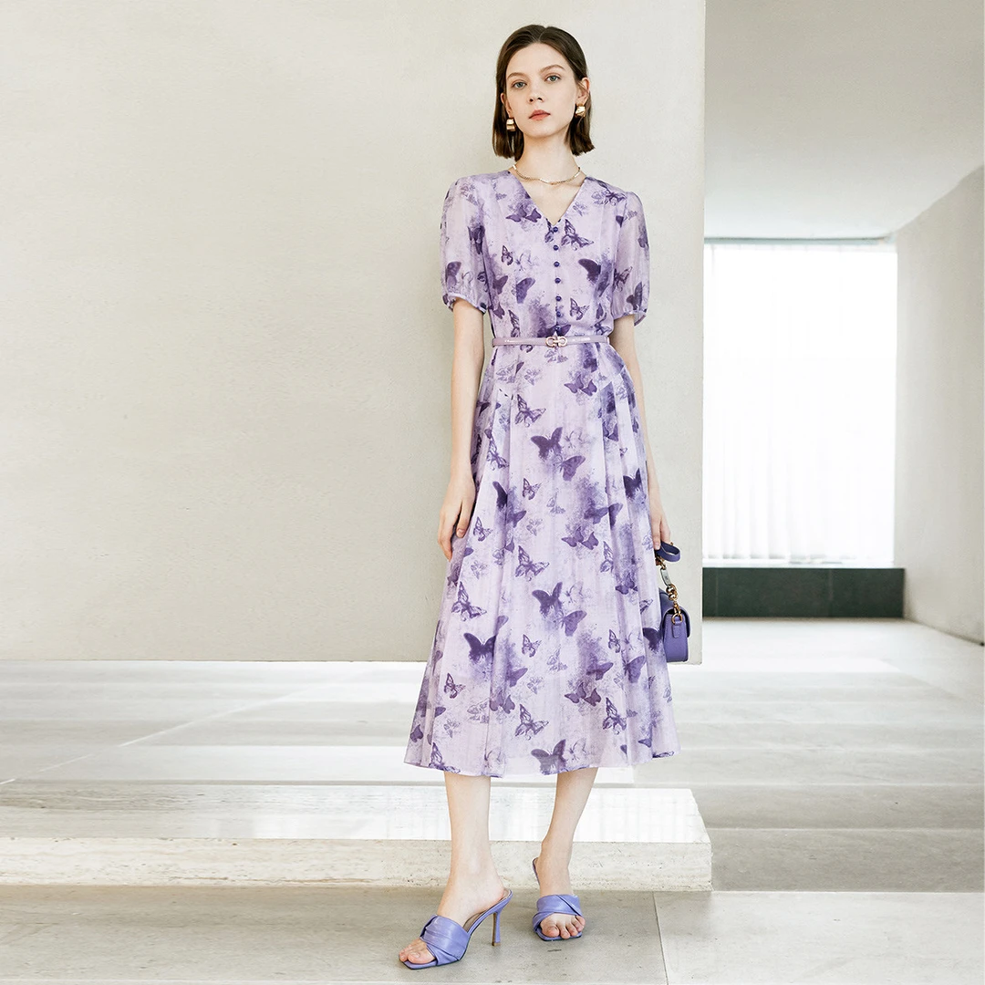 颜域76%莱赛尔连衣裙2025夏季法式蝴蝶印花短袖中长裙子1837