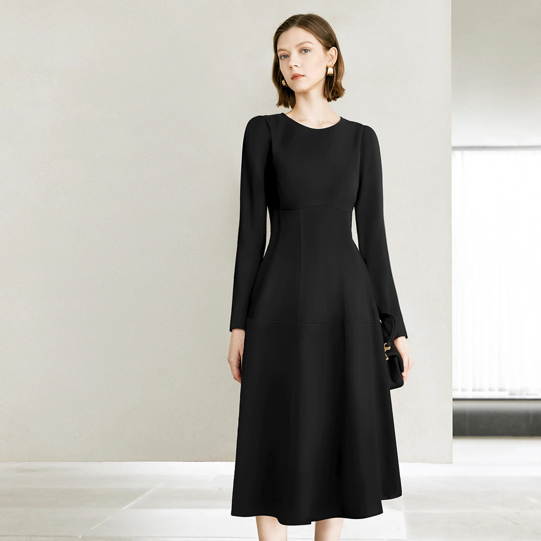 颜域法式通勤连衣裙2025秋季收腰显瘦中长款圆领裙子女20W240730
