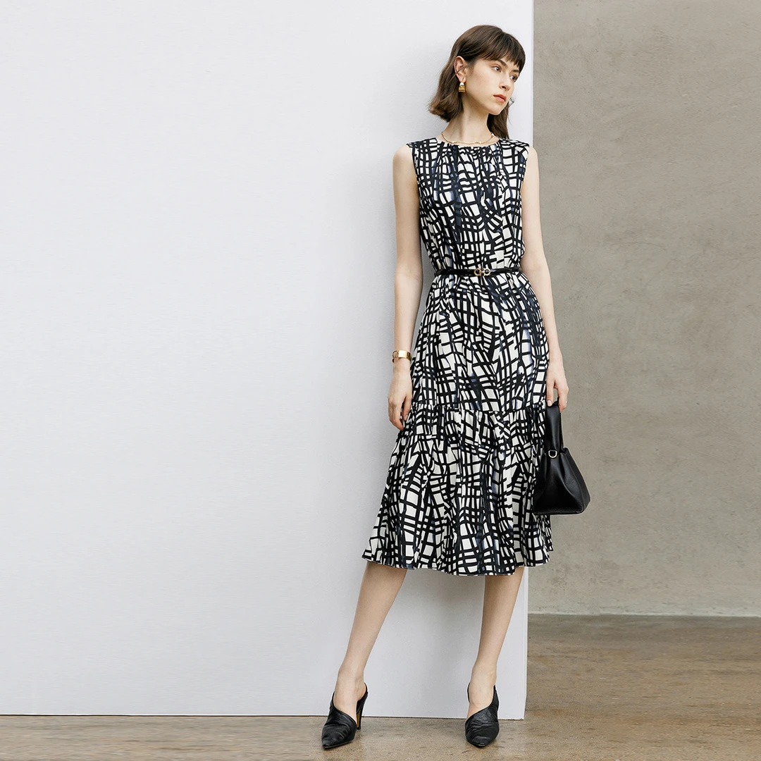 颜域时尚无袖25夏几何图形设计感H型中长款圆领背心裙1132