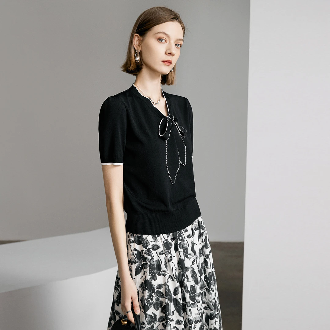 颜域法式系带领针织衫2025夏款时尚蝴蝶结短袖短款上衣