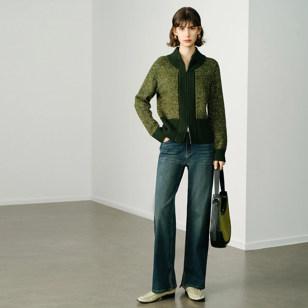 颜域复古撞色针织开衫女士2025新款冬季绿色短款上衣0148