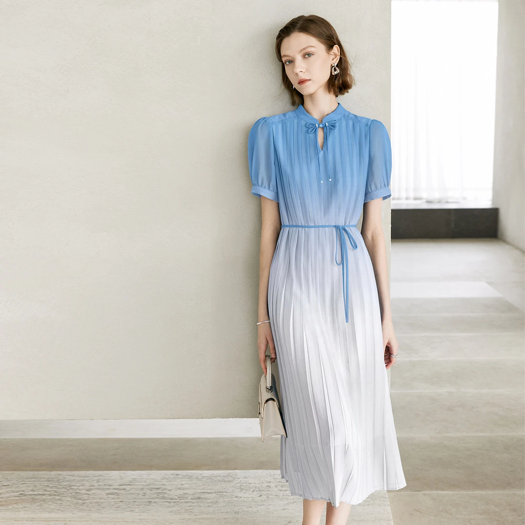 颜域2025知性新中式显瘦短袖立领百褶裙1904
