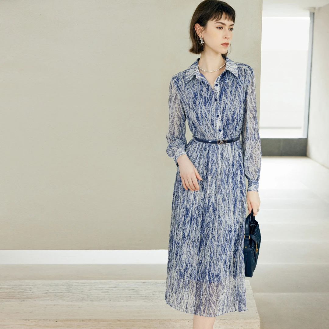 颜域轻薄复古衬衫裙2025秋季通勤印花收腰显瘦翻领裙2543