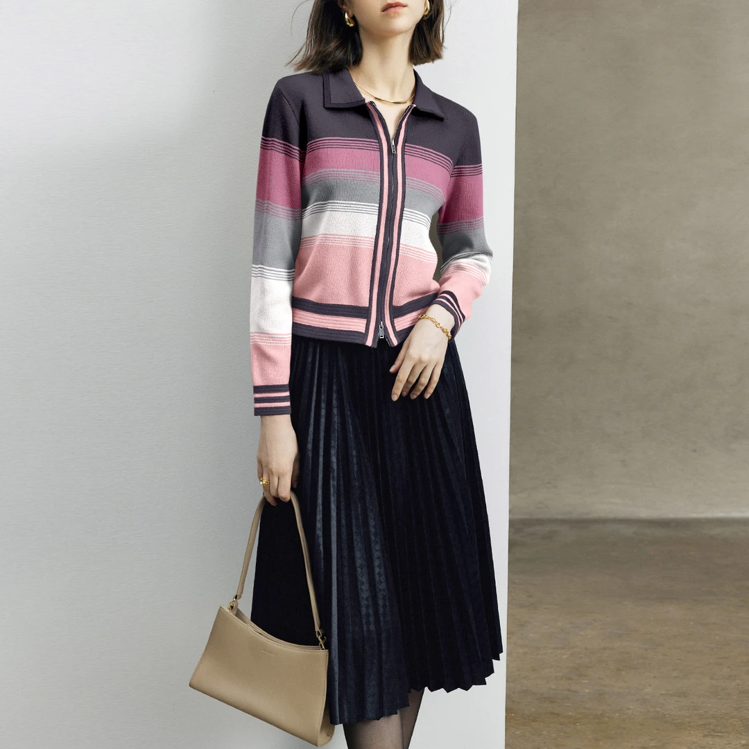 颜域撞色条纹翻领针织开衫女士2025新款冬季气质短款