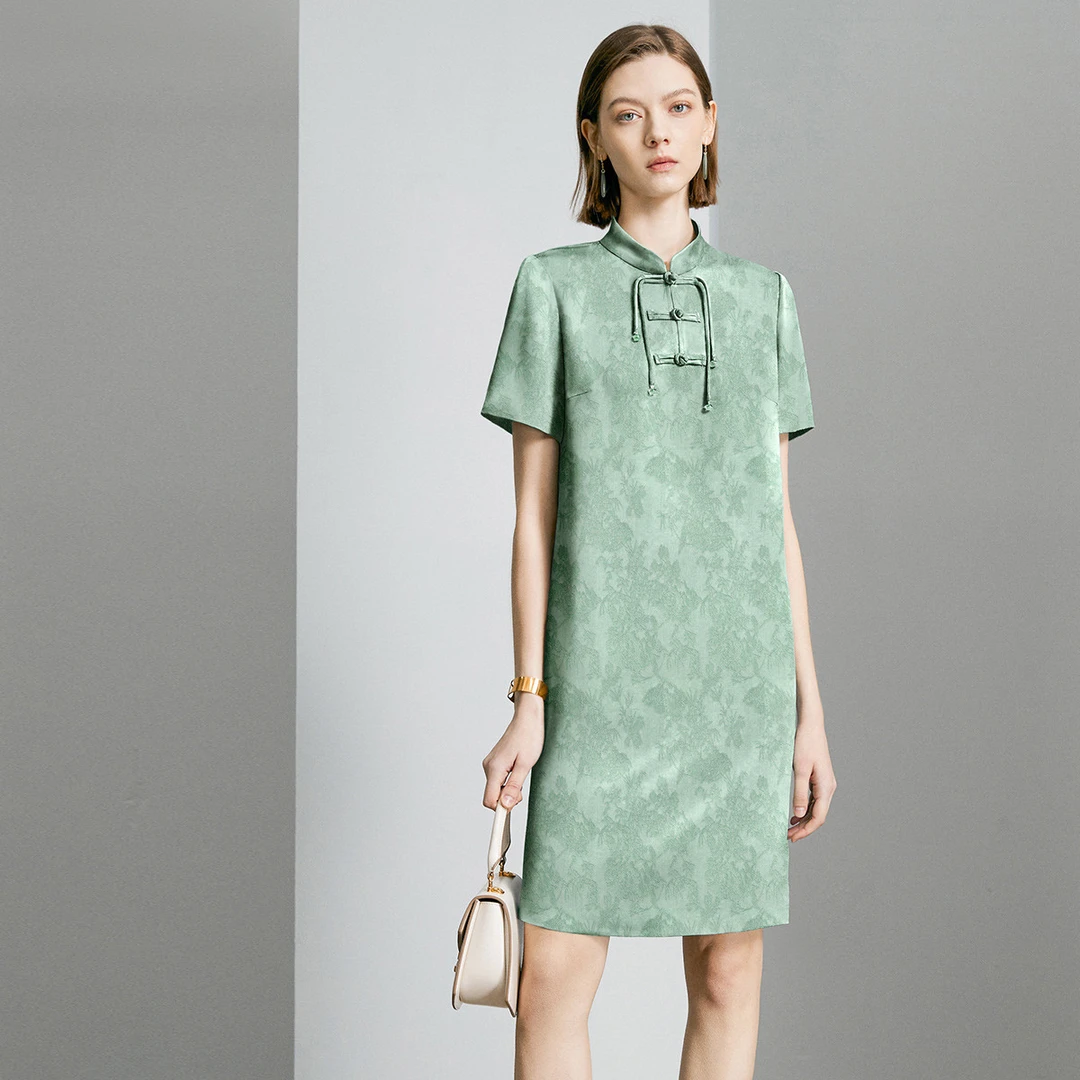 颜域新中式连衣裙气质薄荷曼波风短袖印花国风裙20S411681