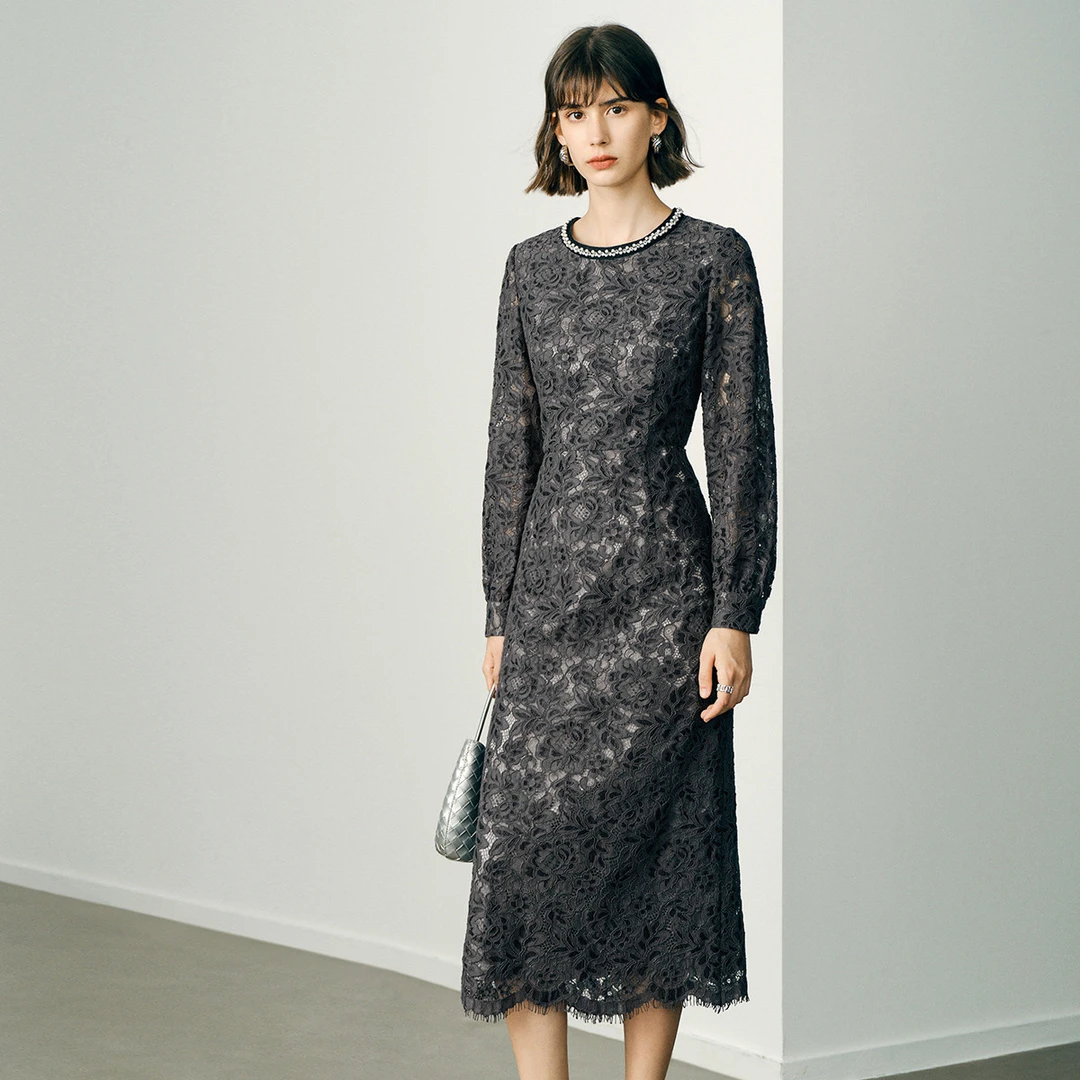 颜域法式蕾丝连衣裙2025通勤收腰显瘦长袖圆领裙子0407