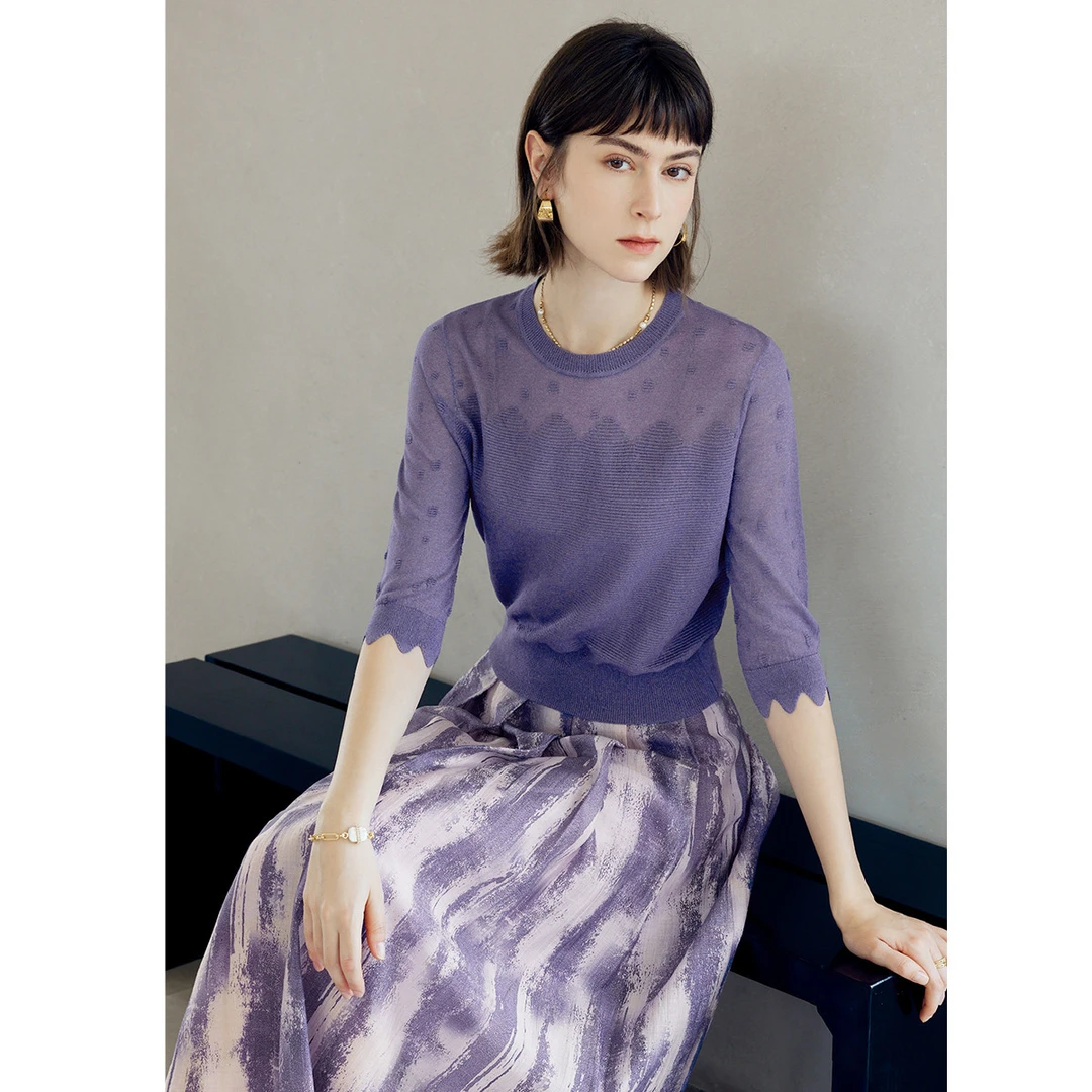 颜域软糯舒适2025春秋装知性温柔圆领五分袖针织衫60P411335