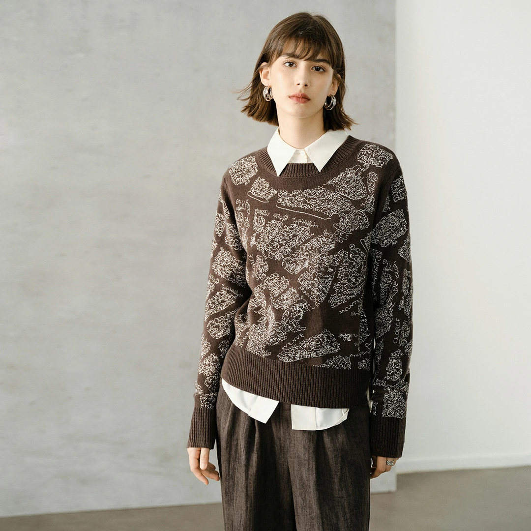 颜域复古印花针织衫女2025冬季气质圆领宽松T恤上衣内搭毛衣女