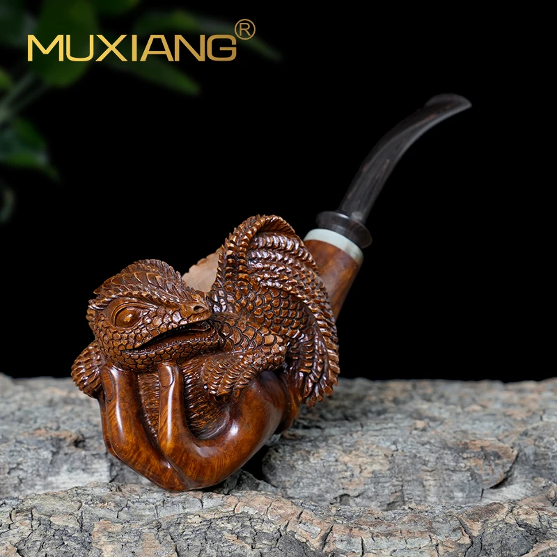MUXIANG/木香石楠木烟斗男士手工雕刻飞天龙蜥蜴空腔斗老式专用具