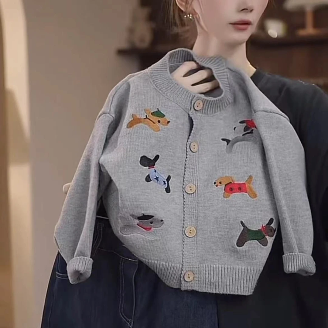 韩版儿童满印刺绣小狗开衫男童女童秋季时尚针织衫卡通毛衣外套