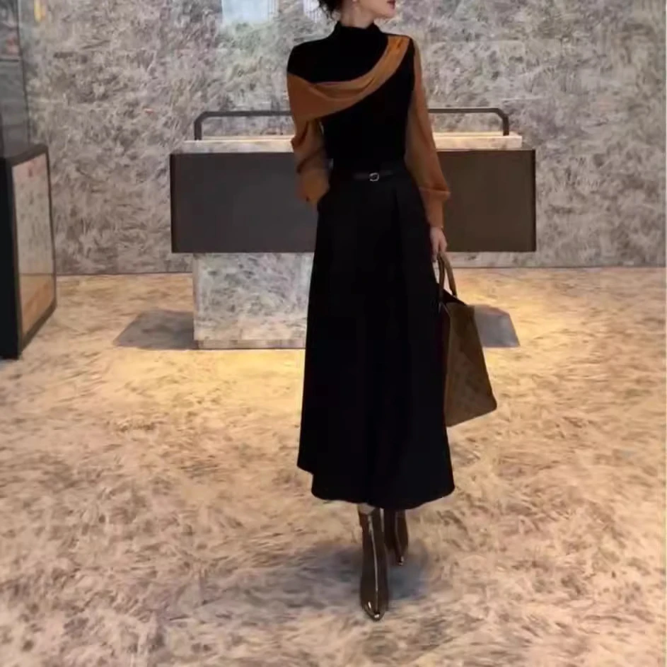 2024秋季网红爆款轻奢拼接长袖气质时尚百搭上衣高腰半身裙套装