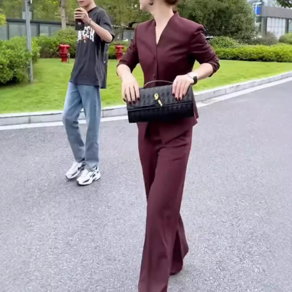 2024春秋新款V领修身西服外套高腰长裤干练套装职业女装网红爆款