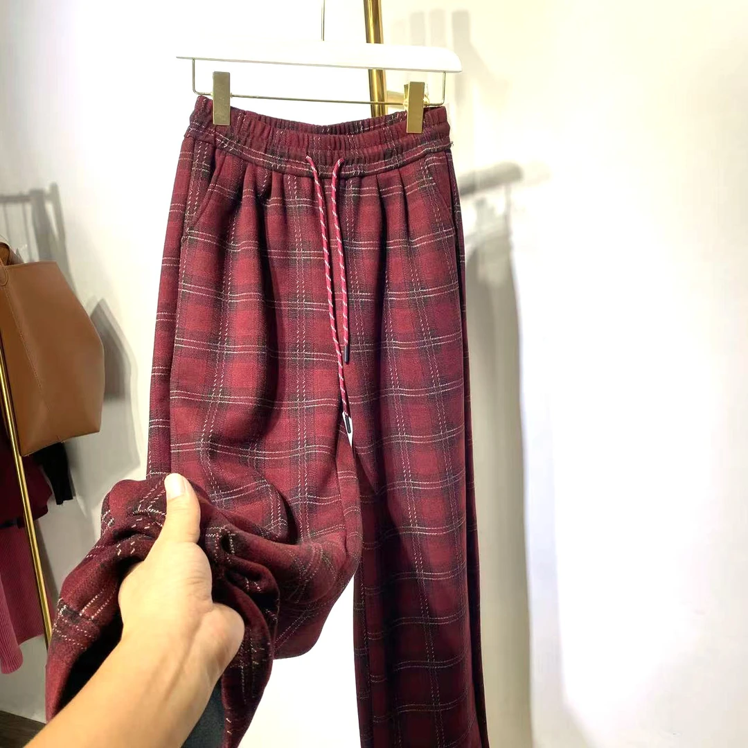 冬款防寒保暖加厚阔腿裤显瘦休闲裤直筒经典百搭加绒格子裤安哥红