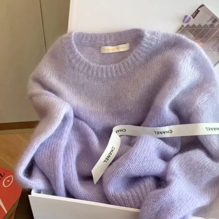 2025年秋冬新款高级感马海针织上衣今年流行慵懒小香风紫色毛衣女