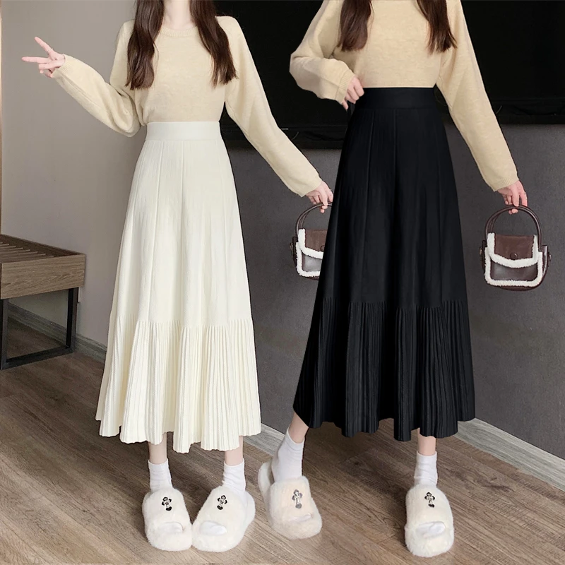 【冲量价】复古针织半身裙女2024秋冬新款简约中长款压褶高腰a字裙