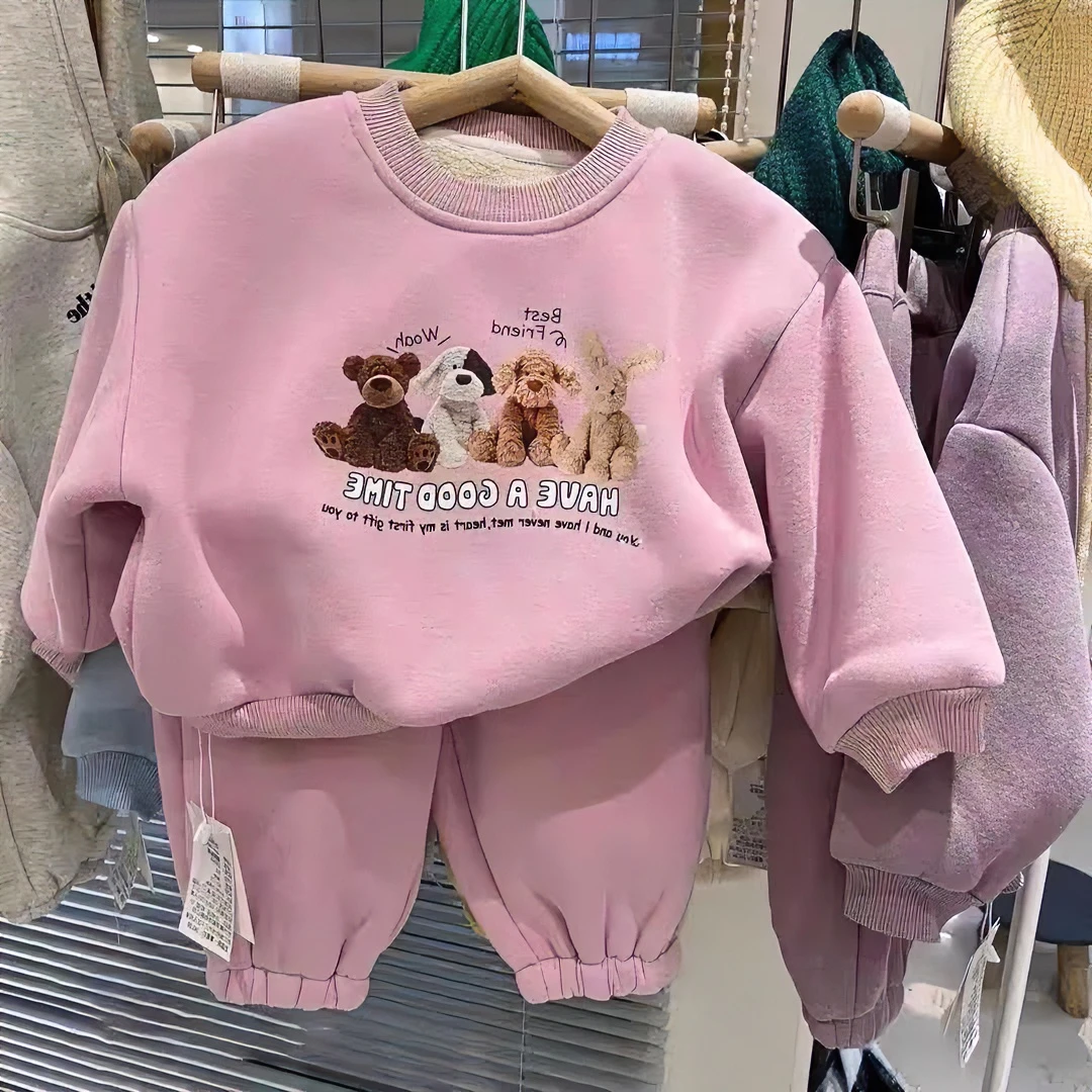 韩版童装2023冬装男女童休闲运动套装儿童卫衣加绒加厚裤子两件套