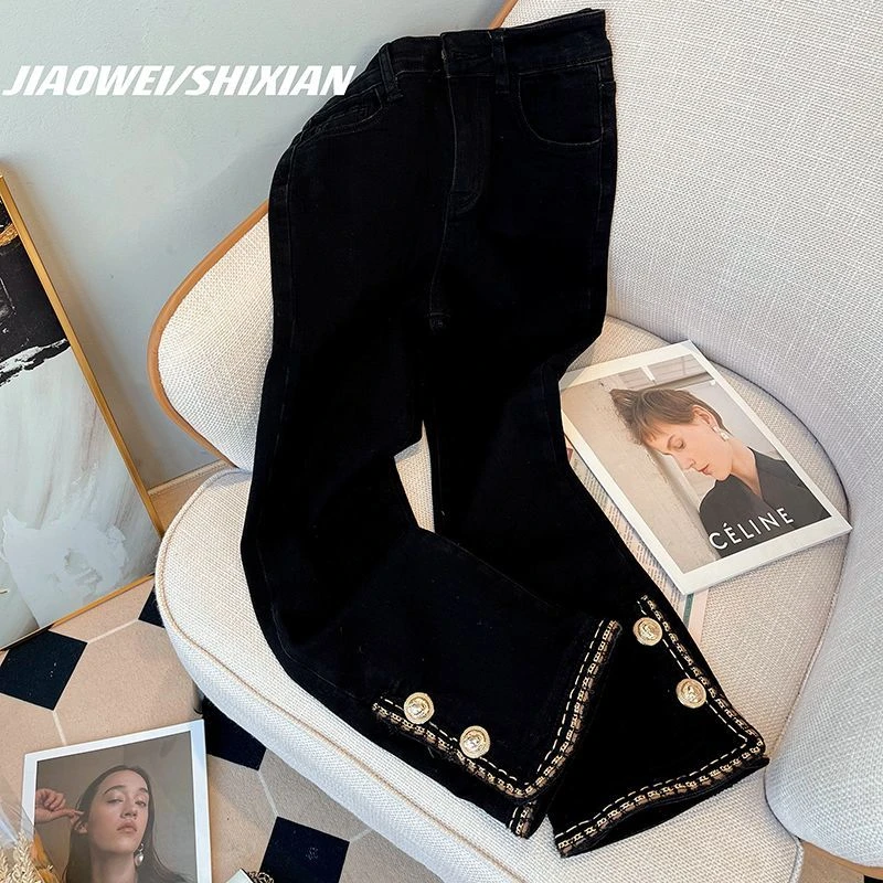 女童春秋黑色喇叭裤打底长裤2023新款美式复古喇叭裤洋气时尚百搭