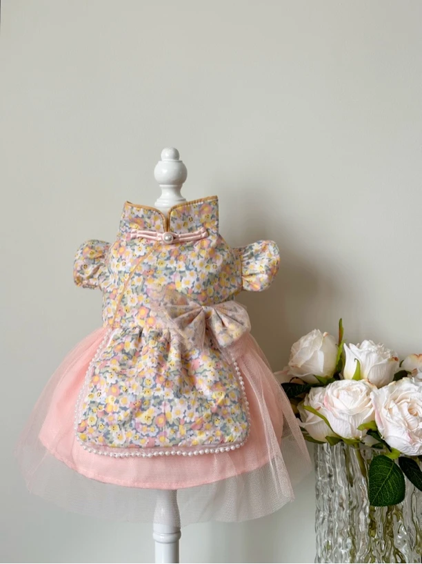 AW手工宠物新中式猫咪小型犬春夏纯棉温柔花色珍珠高级千金公主裙