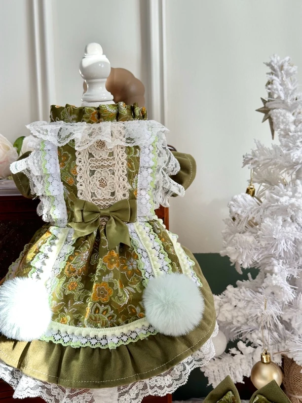 AW复古香草绿秋冬款狗狗猫咪衣服约克夏马尔济斯高级亮眼缎面毛球