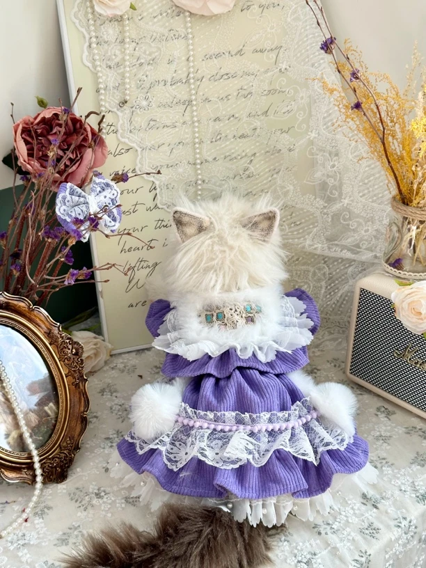 AW手工狗狗秋冬法斗博美浪漫紫色灯芯绒保暖猫咪毛茸防掉毛家居服