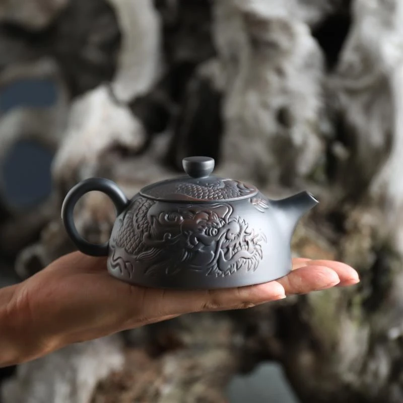 迈盟原矿紫陶手工凤鸣手壶半月龙壶半手工壶功夫茶具家用单壶容量