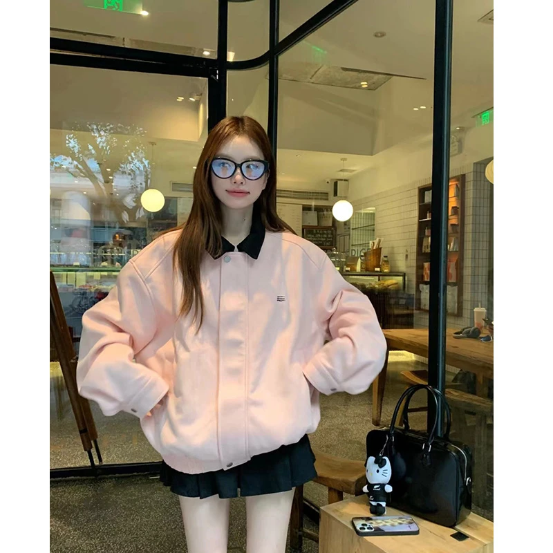 粉色潮牌翻领拉链宽松风衣开衫女2024早秋冬新款休闲百搭夹克外套