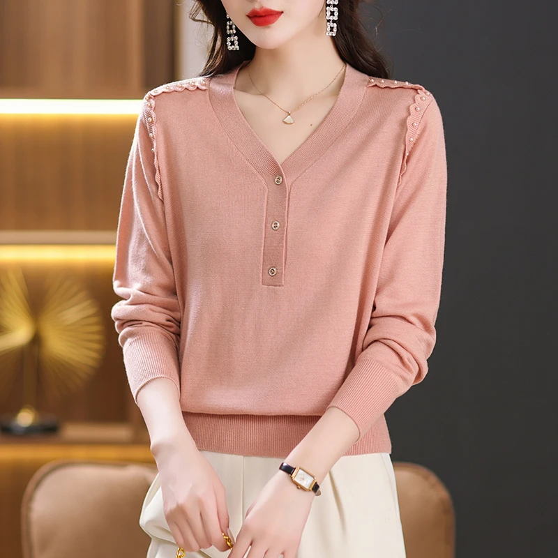 妈妈装V领洋气三粒扣打底衫时尚女装春秋长袖针织减龄拼接女上衣