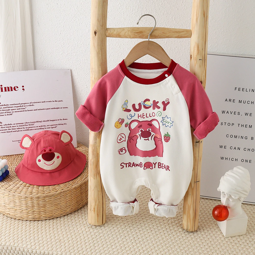 婴儿连体衣春长袖秋款网红男女宝宝哈衣爬爬服草莓熊爬服哈衣