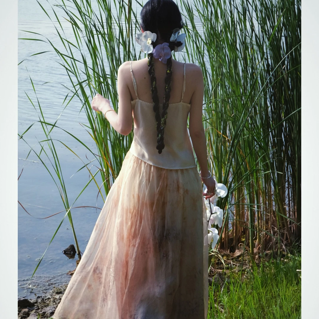 弥挲[花弄影]GL252791律动莫兰迪 复古烟雨花染半裙优雅百褶长款