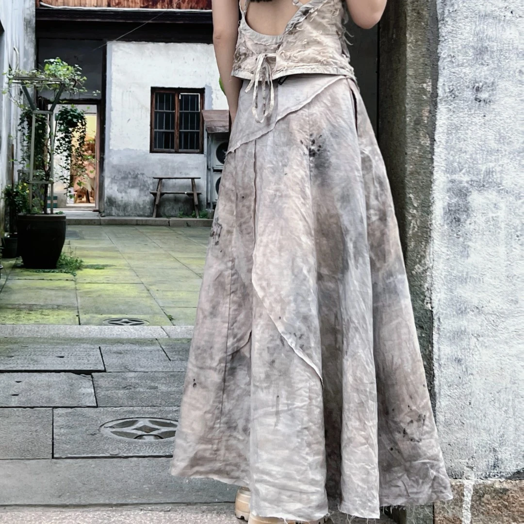 弥挲FT162522泥染新中式原创设计侘寂风法式复古气质ins半身裙