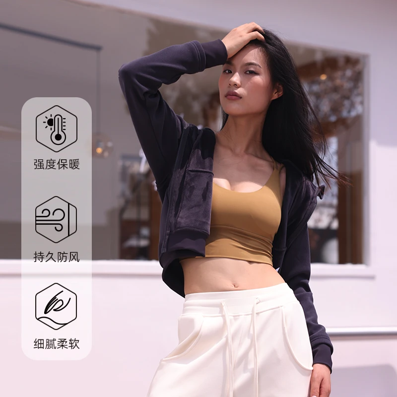OULLA欧拉春秋休闲加绒卫衣女跑步长袖 短款上衣健身运动外套3528