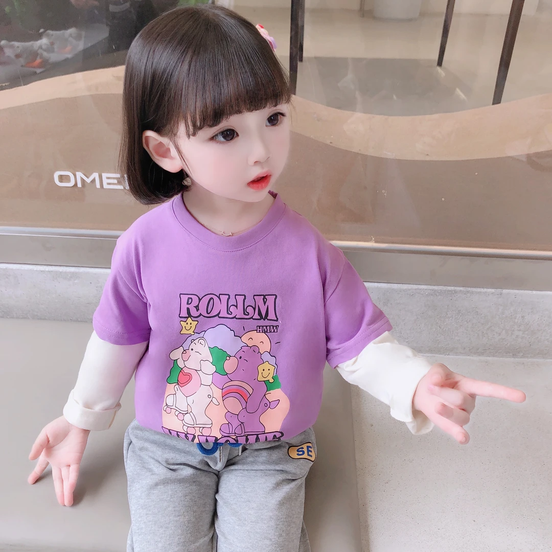 Q2227女童韩版卡通印花长袖T恤女宝秋季圆领儿童假两件打底休闲68