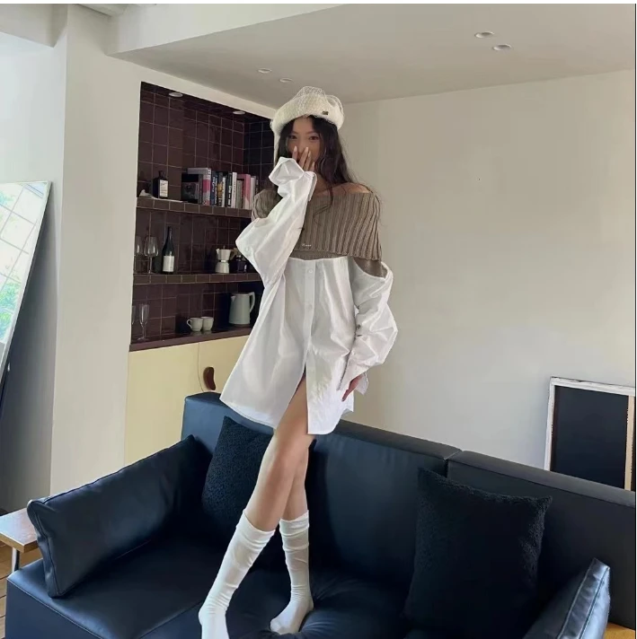 G8738早秋新款设计感一字领拼接长袖衬