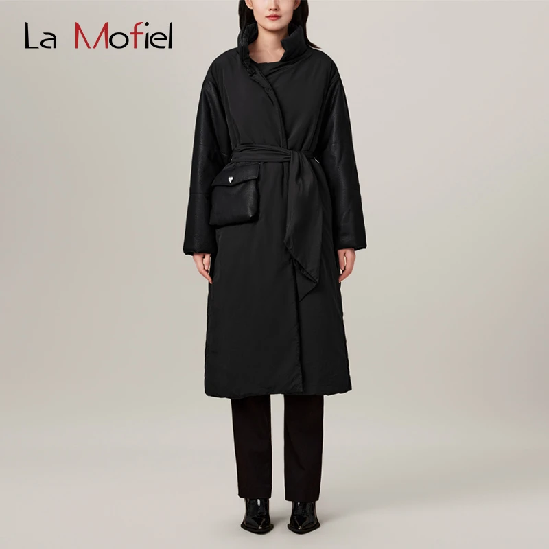 La Mofiel/蓦霏猎奇口袋装饰系带长款外套90绒长款女装款加厚