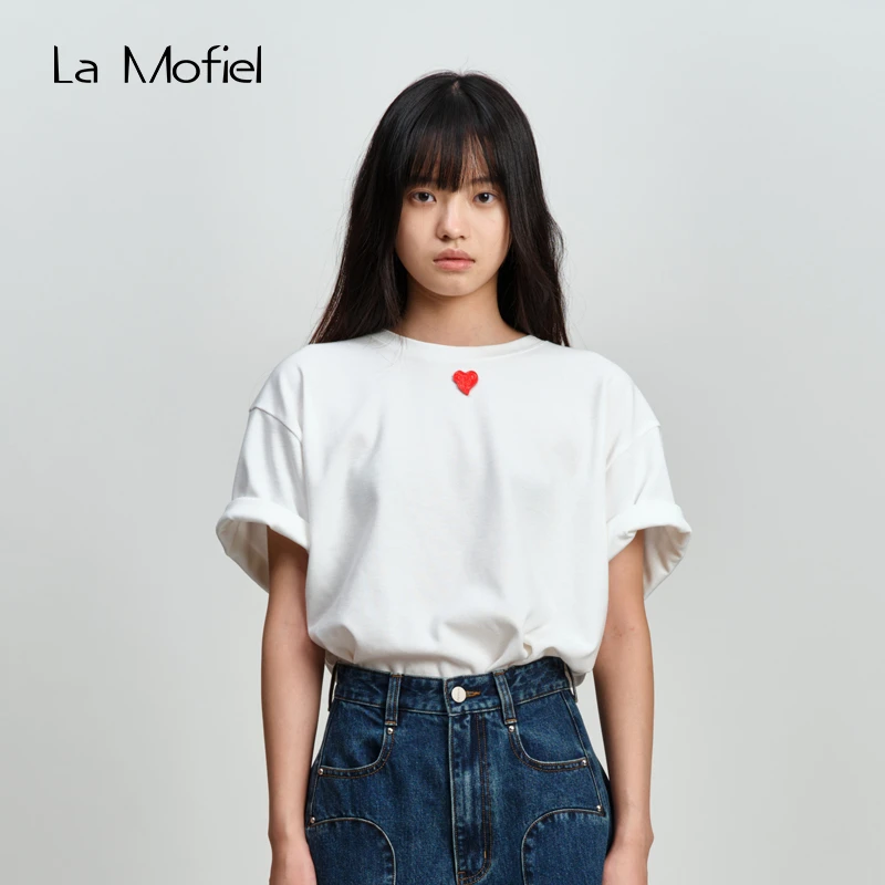 La Mofiel/蓦霏金属爱心休闲圆领短袖T恤灰黄棕 春夏时尚男女同款