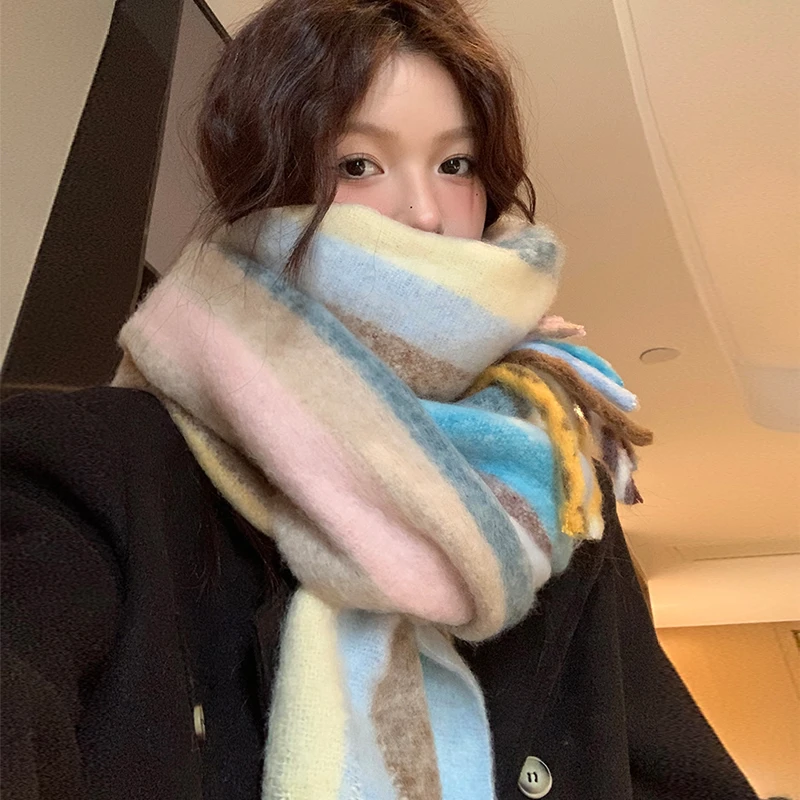元气彩虹糖~2023新款马海毛围巾女秋冬保暖加厚柔软彩虹竖条围脖