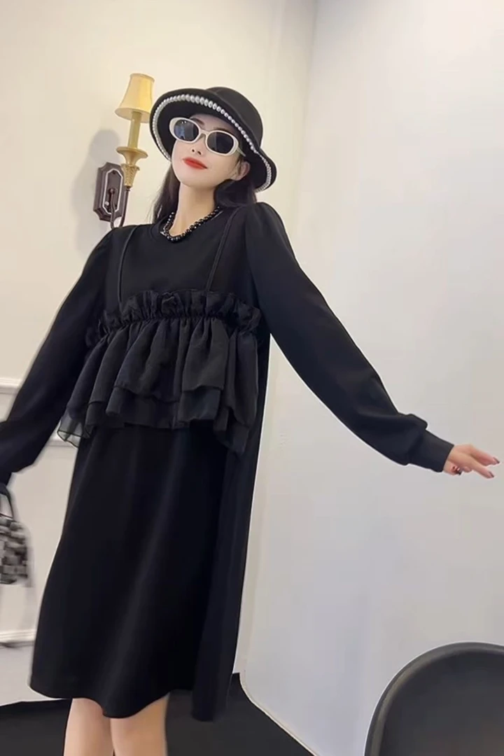 大码女装秋季新款别致拼接假两件T恤裙子小众法式气质宽松直筒裙