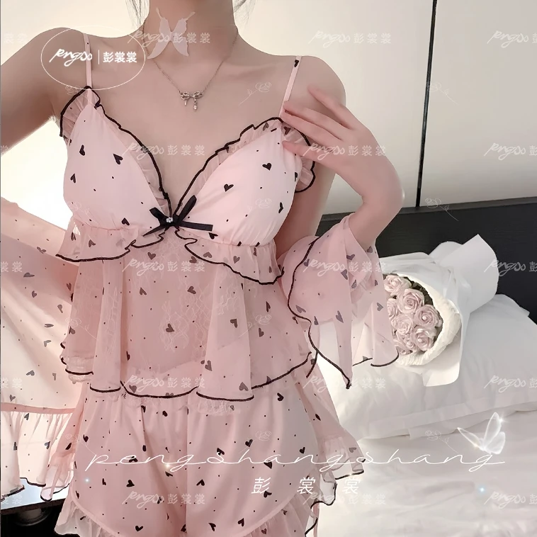 彭裳裳【心粉梦缘】睡衣女套装蕾丝显瘦长袖夏季少女粉色纯欲蕾丝