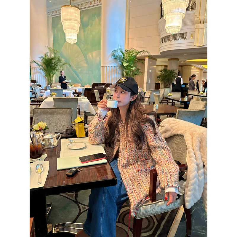 tingtings【半香提卡】羊毛彩色编织小香风外套女秋冬流苏感上衣