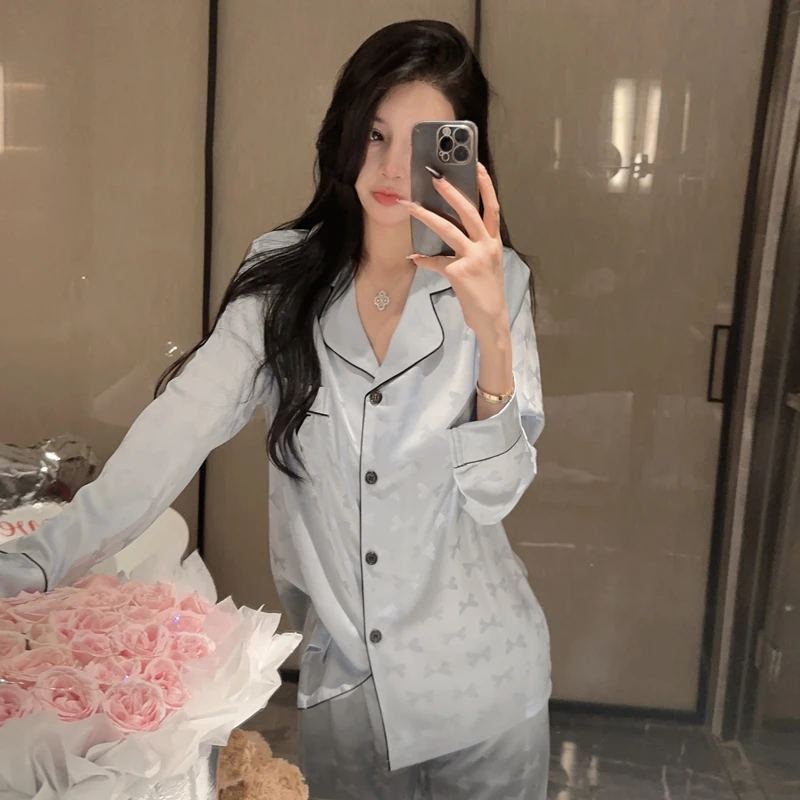 春季睡衣女新款冰丝绸提花甜美高级薄款开衫网红家居服套装可外穿