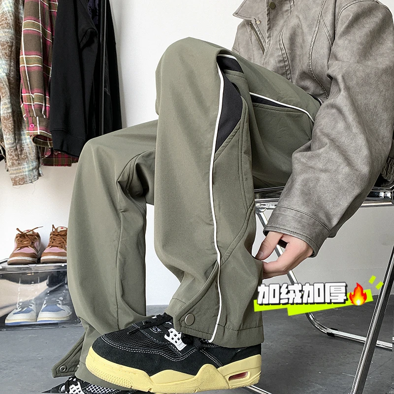 NICEVOW加绒加厚冲锋裤男秋冬美式复古ins潮流工装直筒休闲阔腿裤