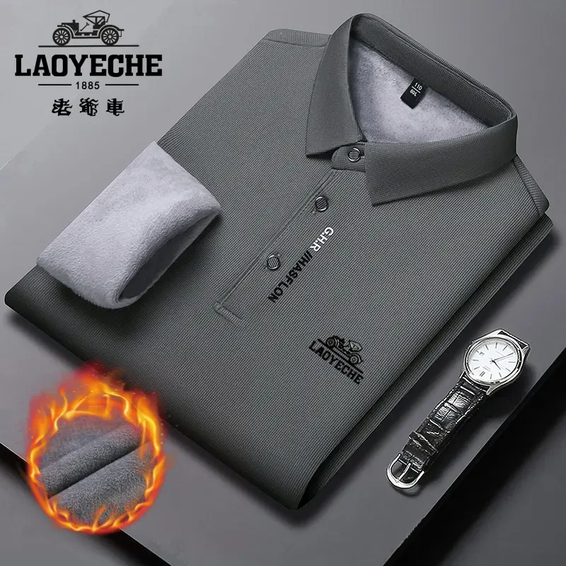 老爷车【加绒加厚】冬季新款翻领长袖T恤宽松男装衬衫领保暖polo衫