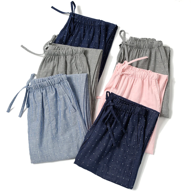 77701 情侣款纯棉双层纱布睡裤 男女士全棉家居服 裤子 春秋款