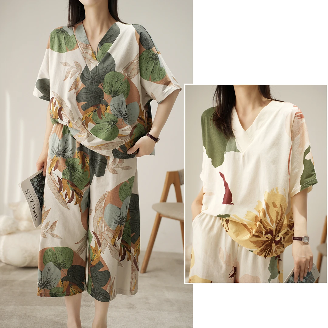 舒适家居 落肩短袖+七分裤 女士纯棉针织睡衣套装 睡裤 夏款84597