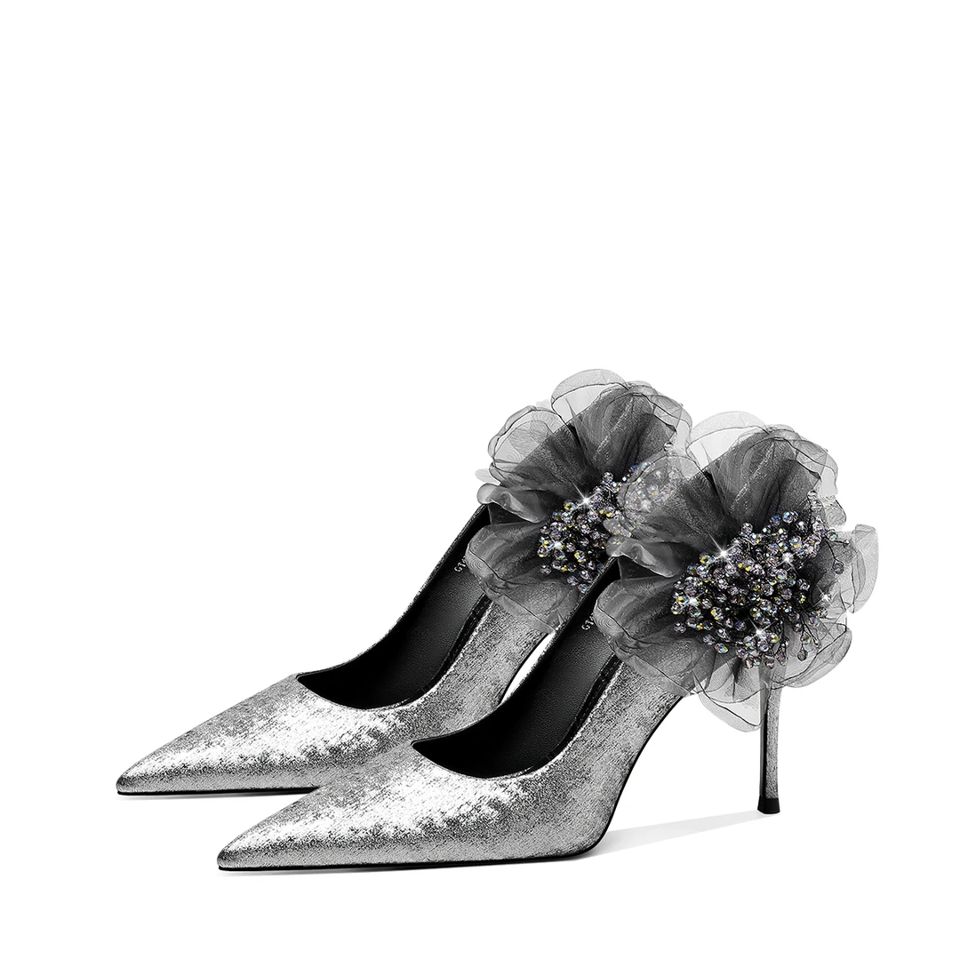 HYSN/‘繁花’小众太空银灰色高跟鞋女细单鞋春新款千金风性感